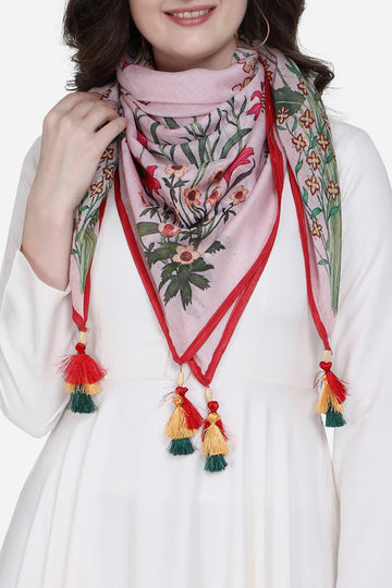 Floral Print Pink Color Pure Cotton Scarf